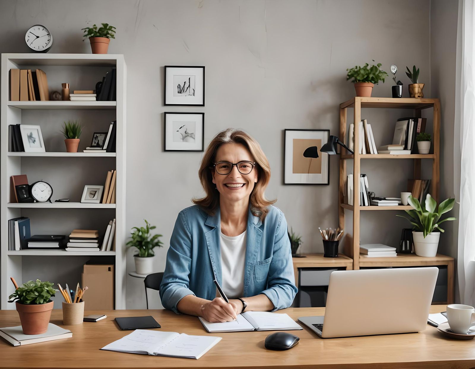 Smiling Woman in Home Office: Freelance Concept