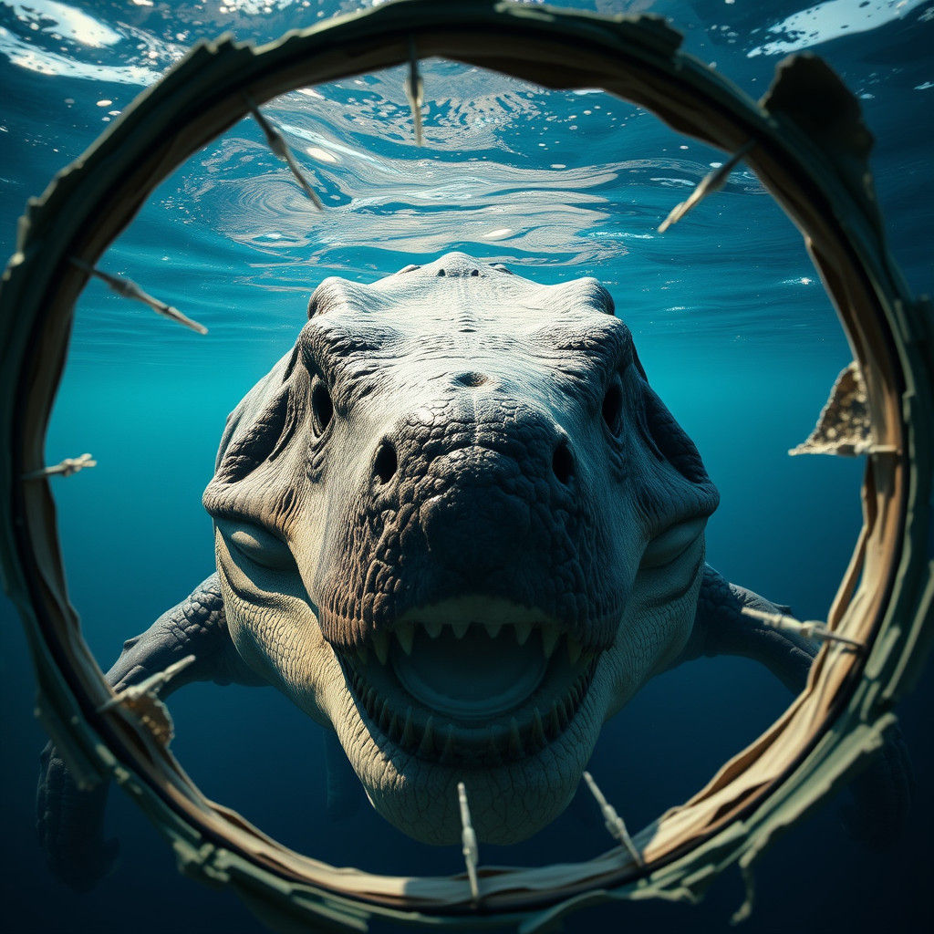 Hyperrealistic Jurassic Mosasaur Stares from Deep Blue Water...