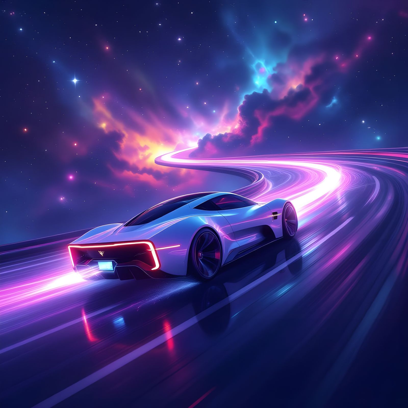 Glowing Astral Car Speeds Through Cosmic Nebula