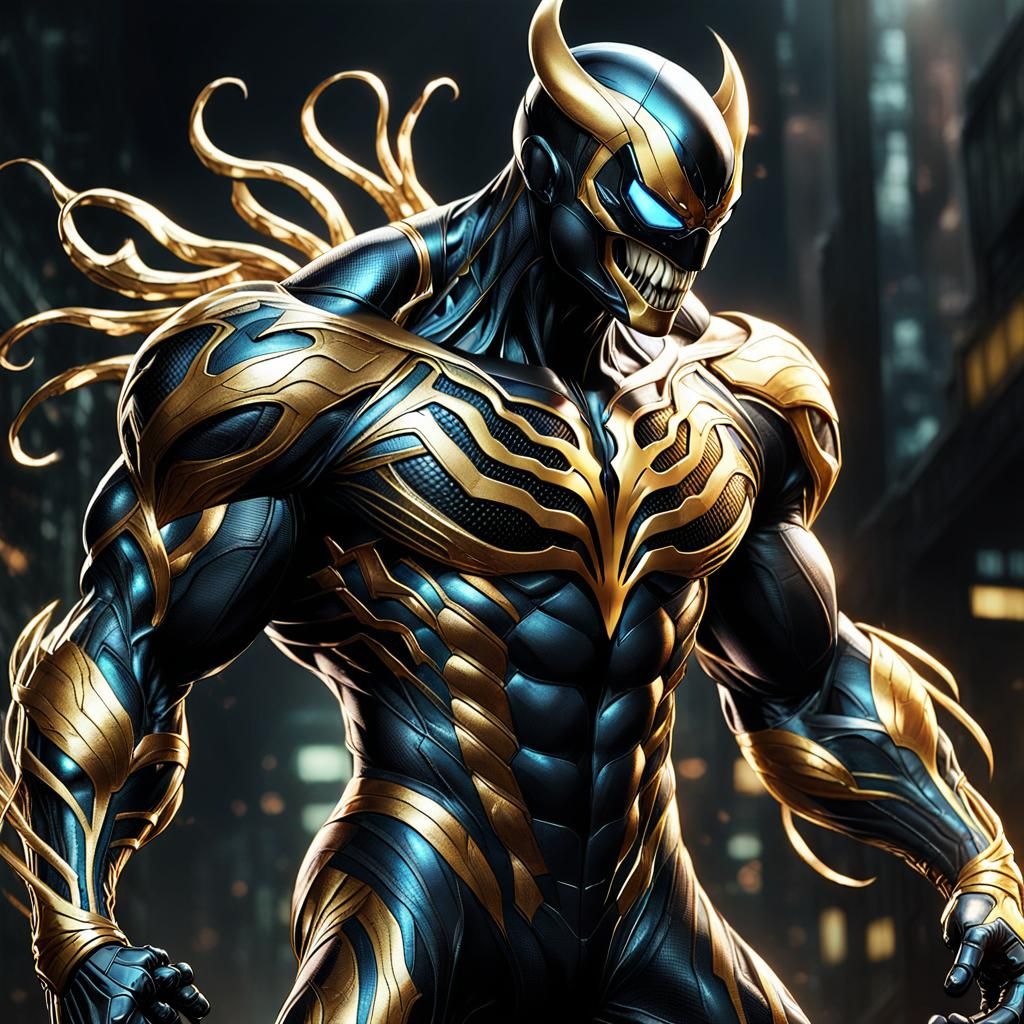 Muscular Hero in Black and Gold Symbiote Suit