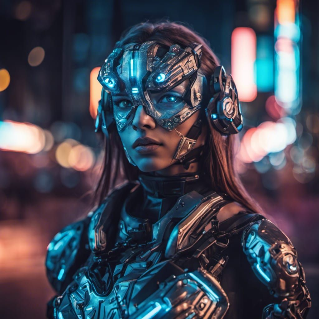 Cyborg Girl Portrait in Neon Cityscape