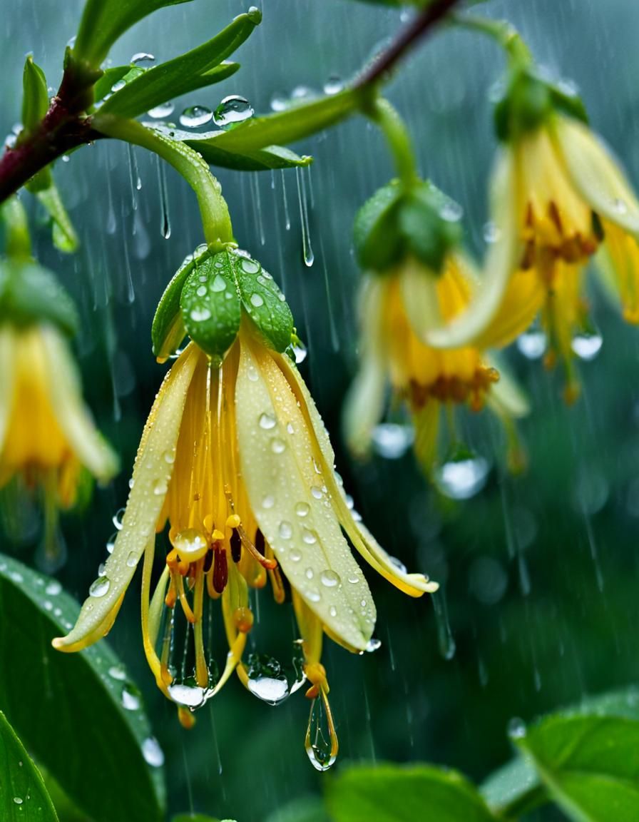 Springtime Honeysuckle with Rain Drops in Bloom