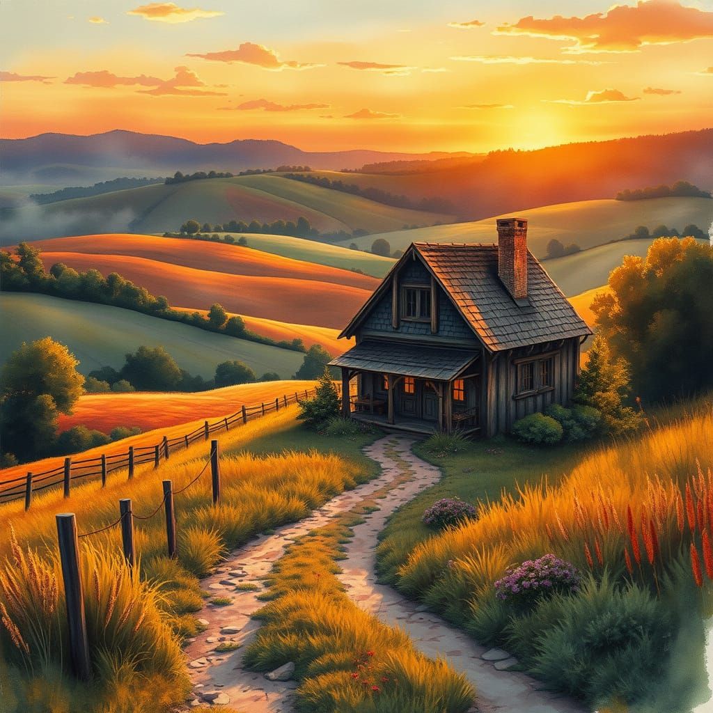 Whimsical Watercolor Farmhouse Amidst Fantastical Sunset