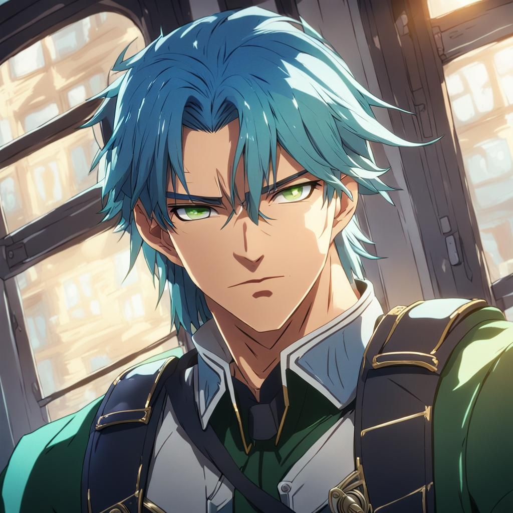 Handsome Anime Man with Blue Hair in Sunlight