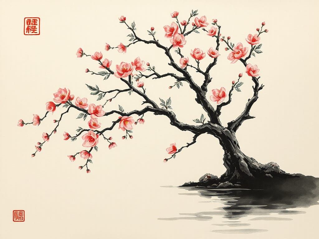 Surreal Chinese Ink Painting of Blossoming Apple Tree by Ser...