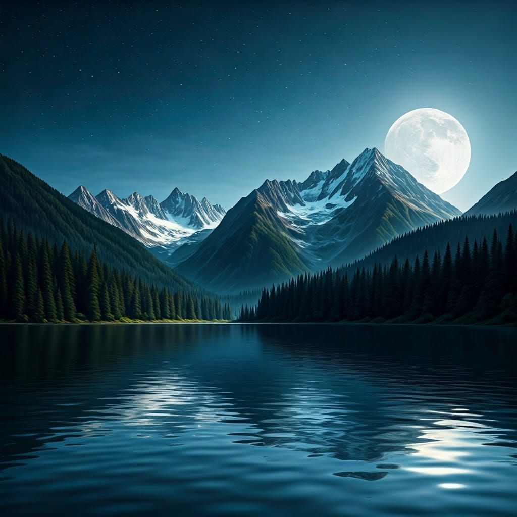Celestial Mountain Serenity in Ethereal Moonlight