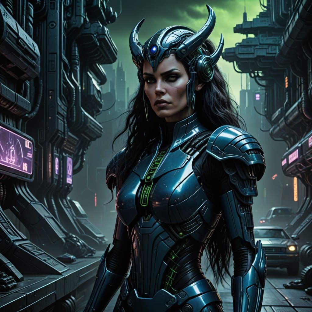 Futuristic Warrior Princess in Dark Cyberpunk Cityscape