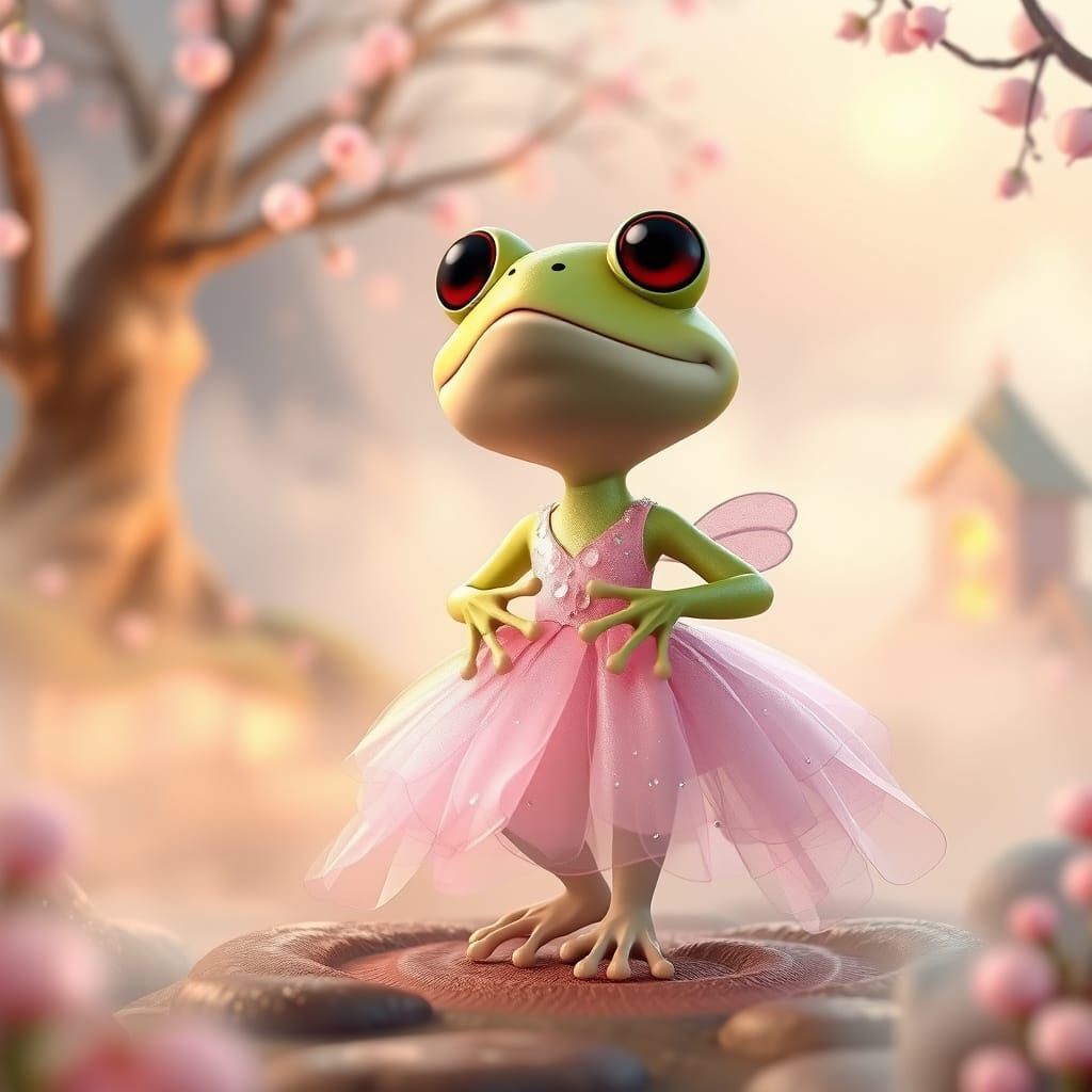 Frog Ballerina in Dreamy Fantasy Landscape