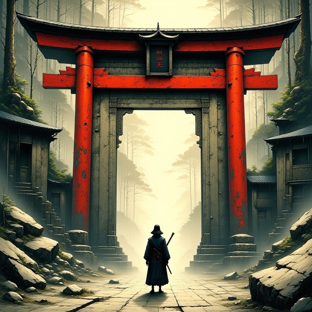 Samurai Warrior at Sacred Torii Gate in Ink Wash Style