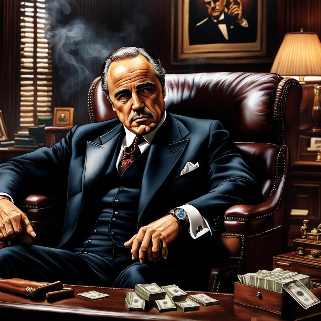 The Godfather Marlon Brando, sitting in his leather chair in his office