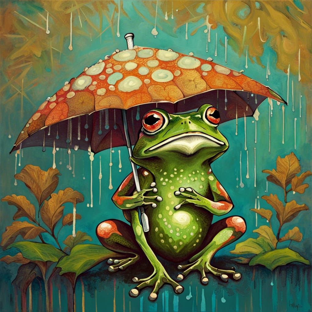 Detailed frog holding a mushroom umbrella,  abstract art com...