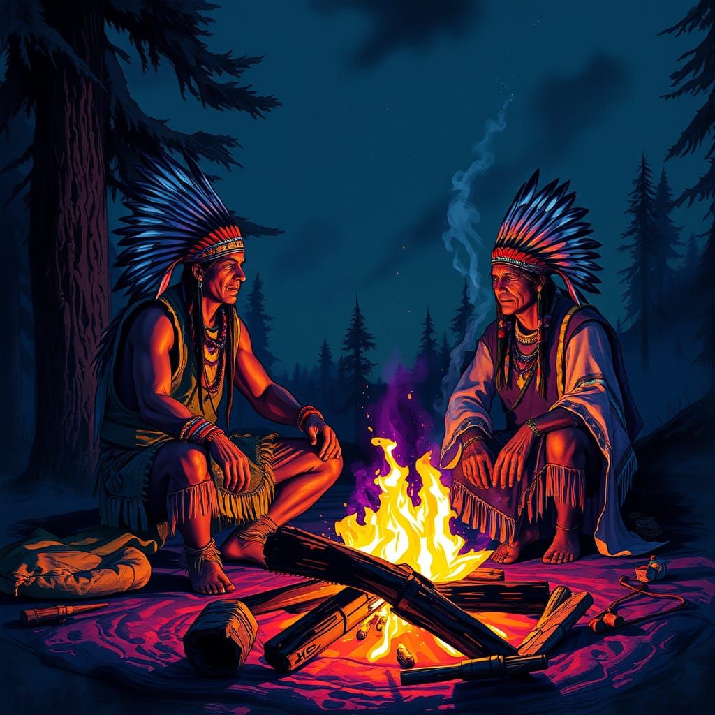 Native Americans By Campfire in Alcohol Ink Style