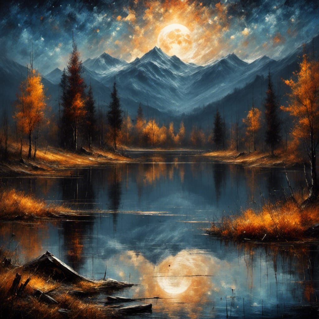 Beautiful lake, full moon, mountains, autumn trees, reflecti...