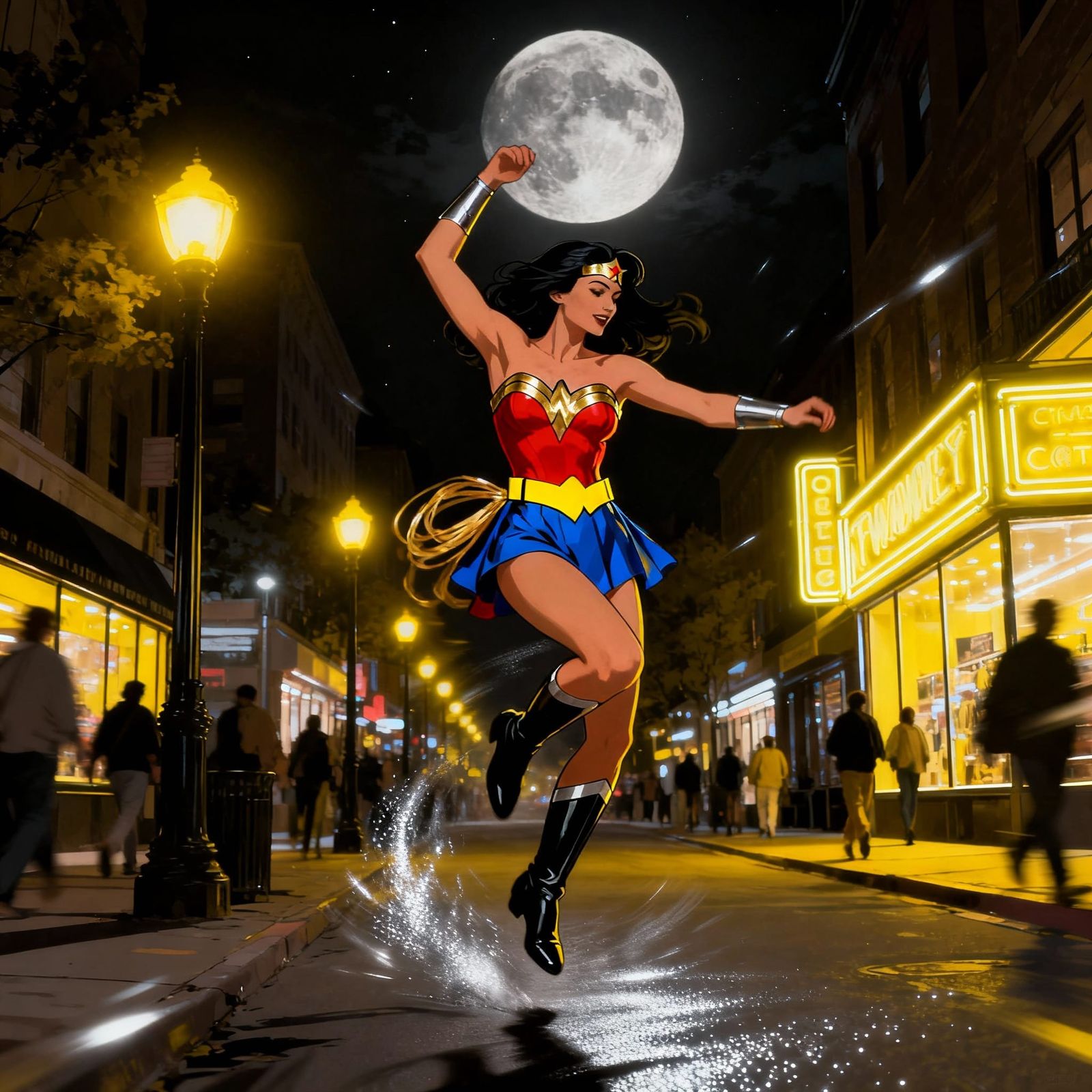 Wonder Woman Dancing on Moonlit Street in Black and Yellow