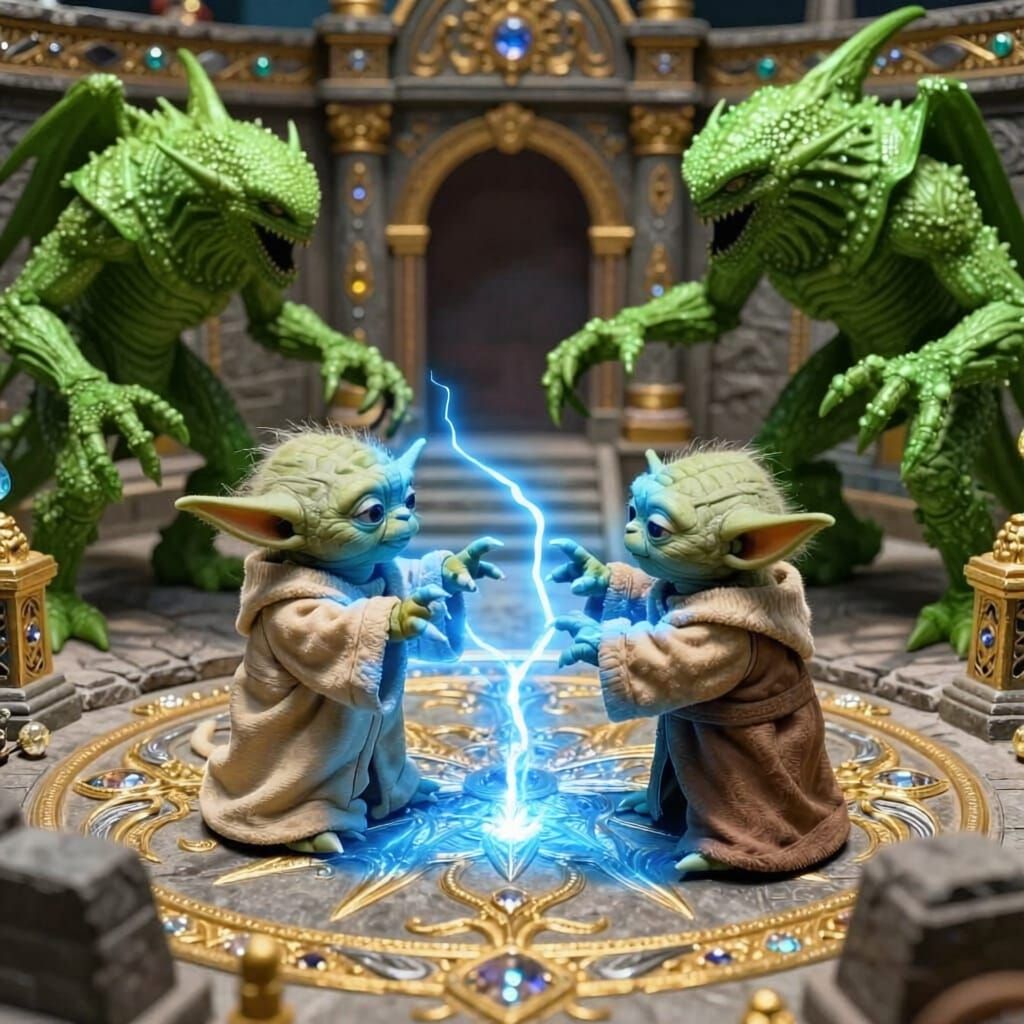 Ultra Realistic Yoda Couple Battling in Jeweled Stone