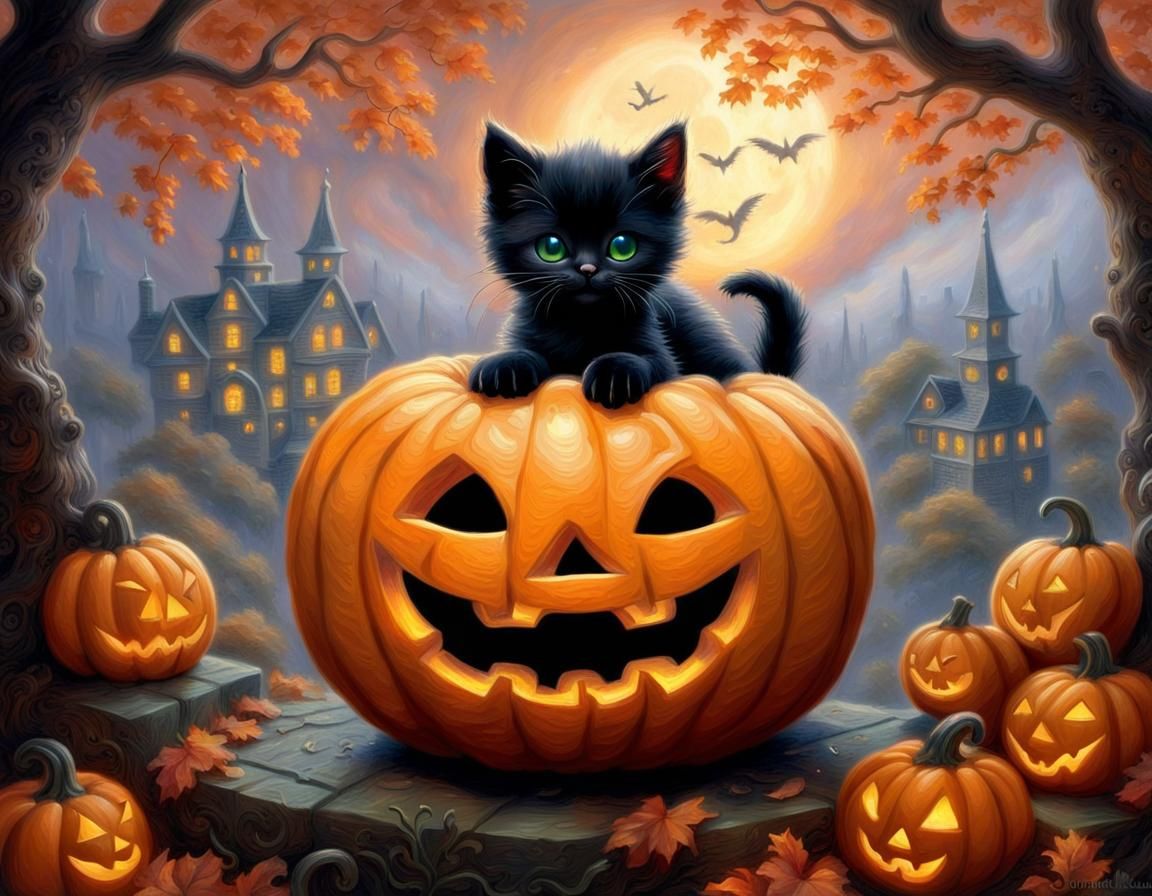 Black Kitten on Ornate Jack-o'-Lantern