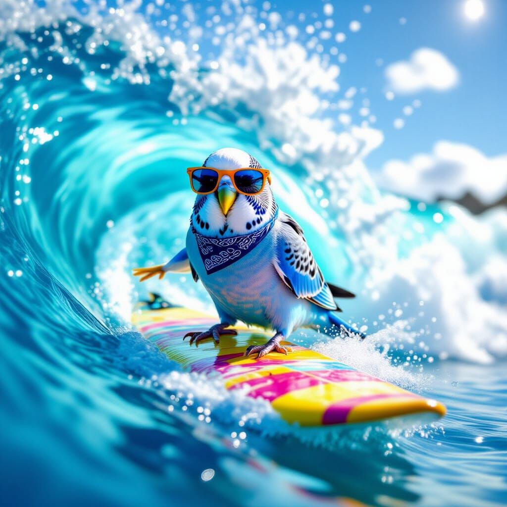 Budgie Surfing a Massive Wave: Hyper-Realistic Photo