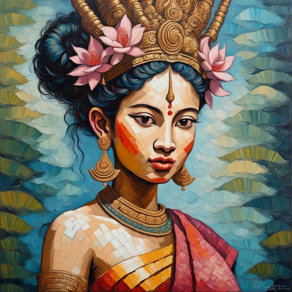 Khmer Apsara Engraving in Expressionist Style
