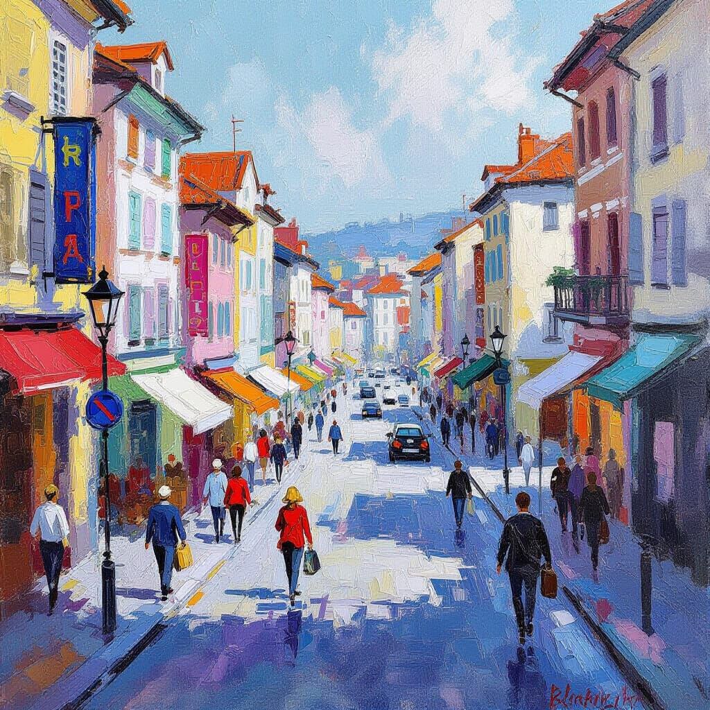 Vibrant City Street Scene in Expressive Gouache Style
