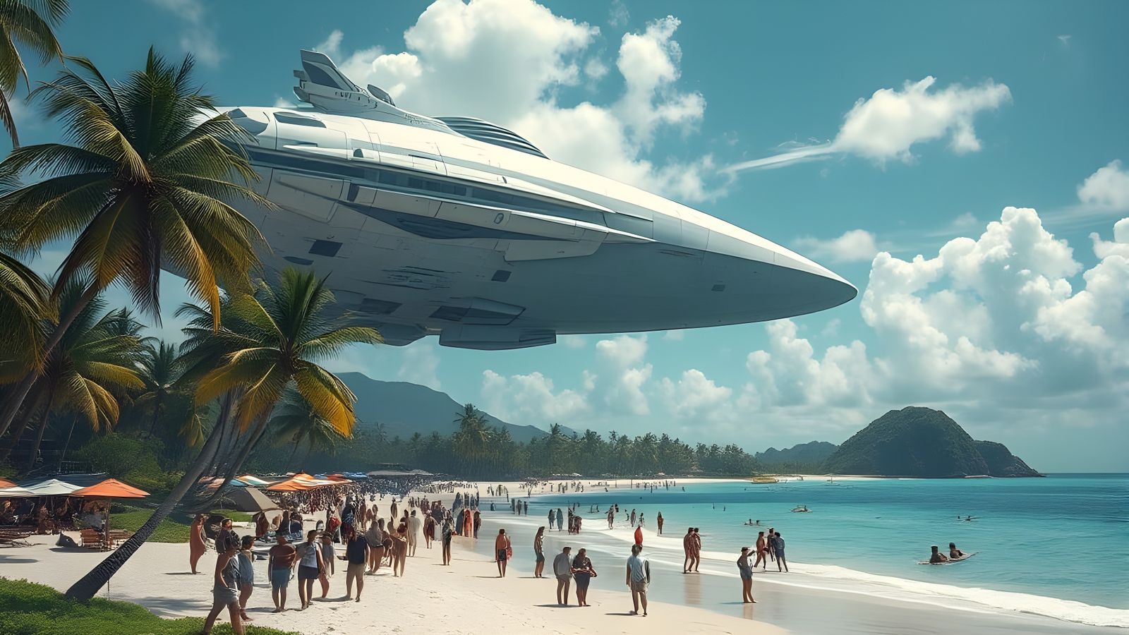 Hyperrealistic Spacecraft Over Tropical Beach