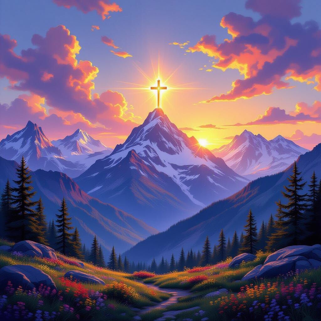 Radiant Cross on Mountain at Sunset