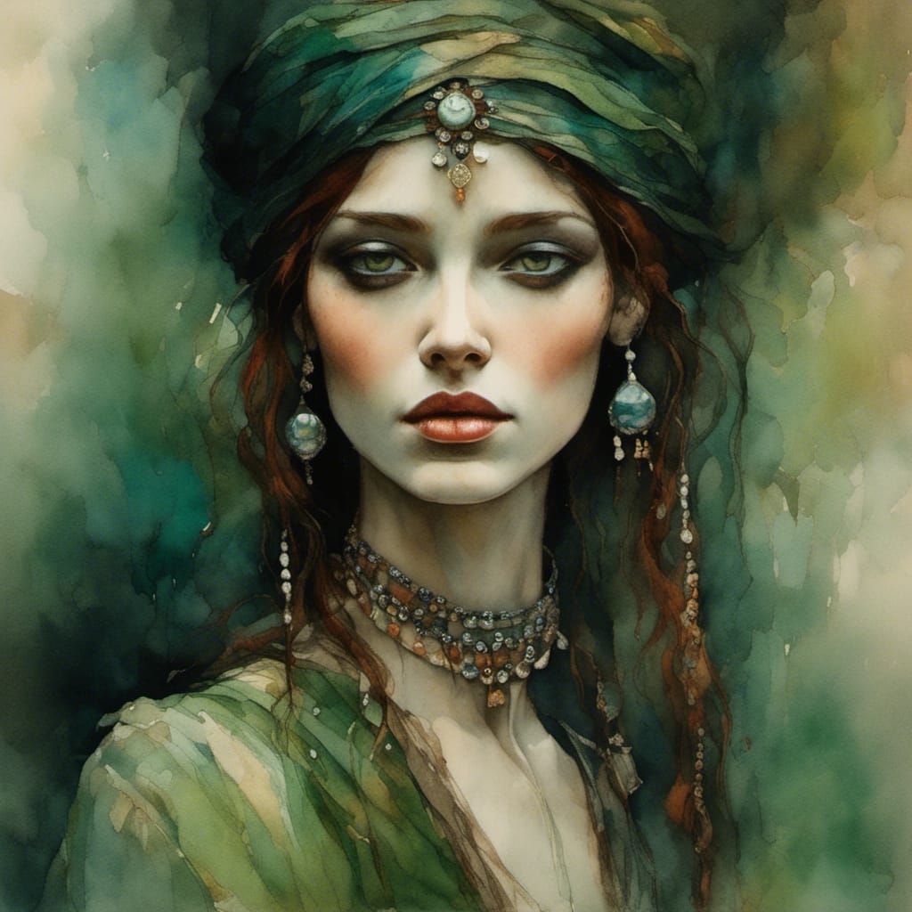 Mysterious Fortune Teller in Dark Surreal Watercolor Style