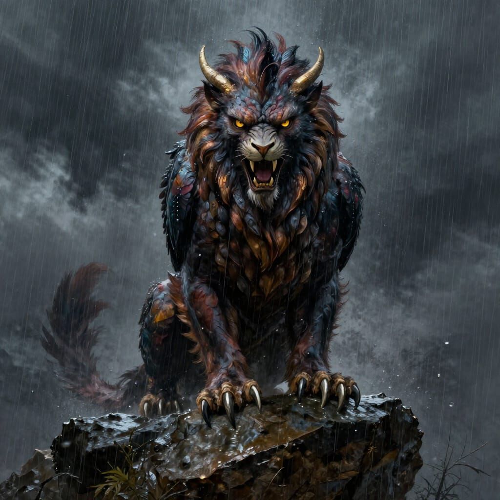 Angry Griffin in Dramatic Rainfall, Dark Fantasy Style