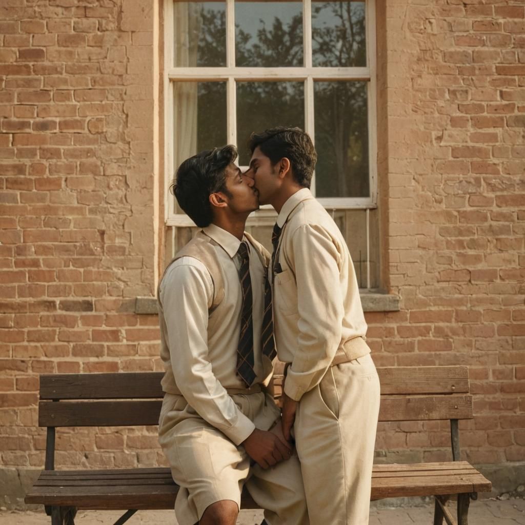 Romantic Kiss Between Two Men in School Uniform
