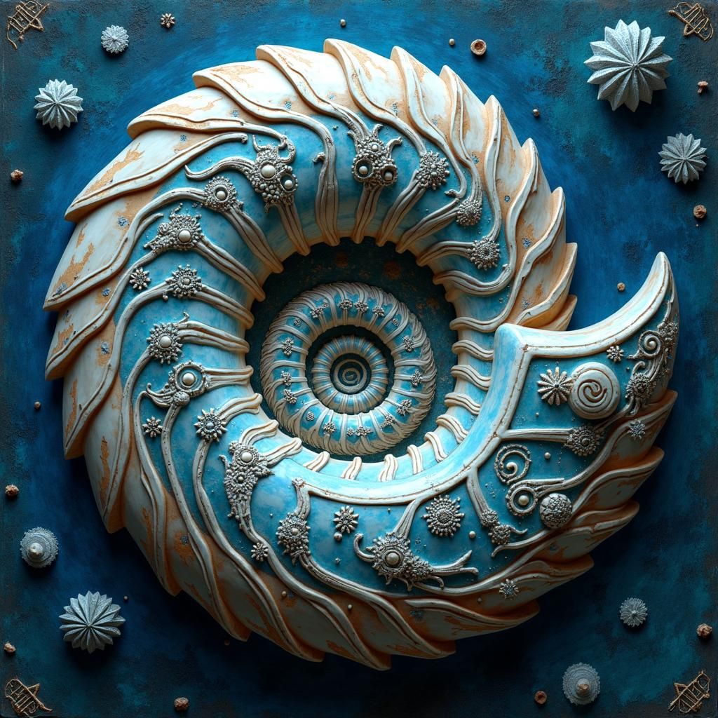 Intricate Bone Nautilus with Cryptic Blue Inlays