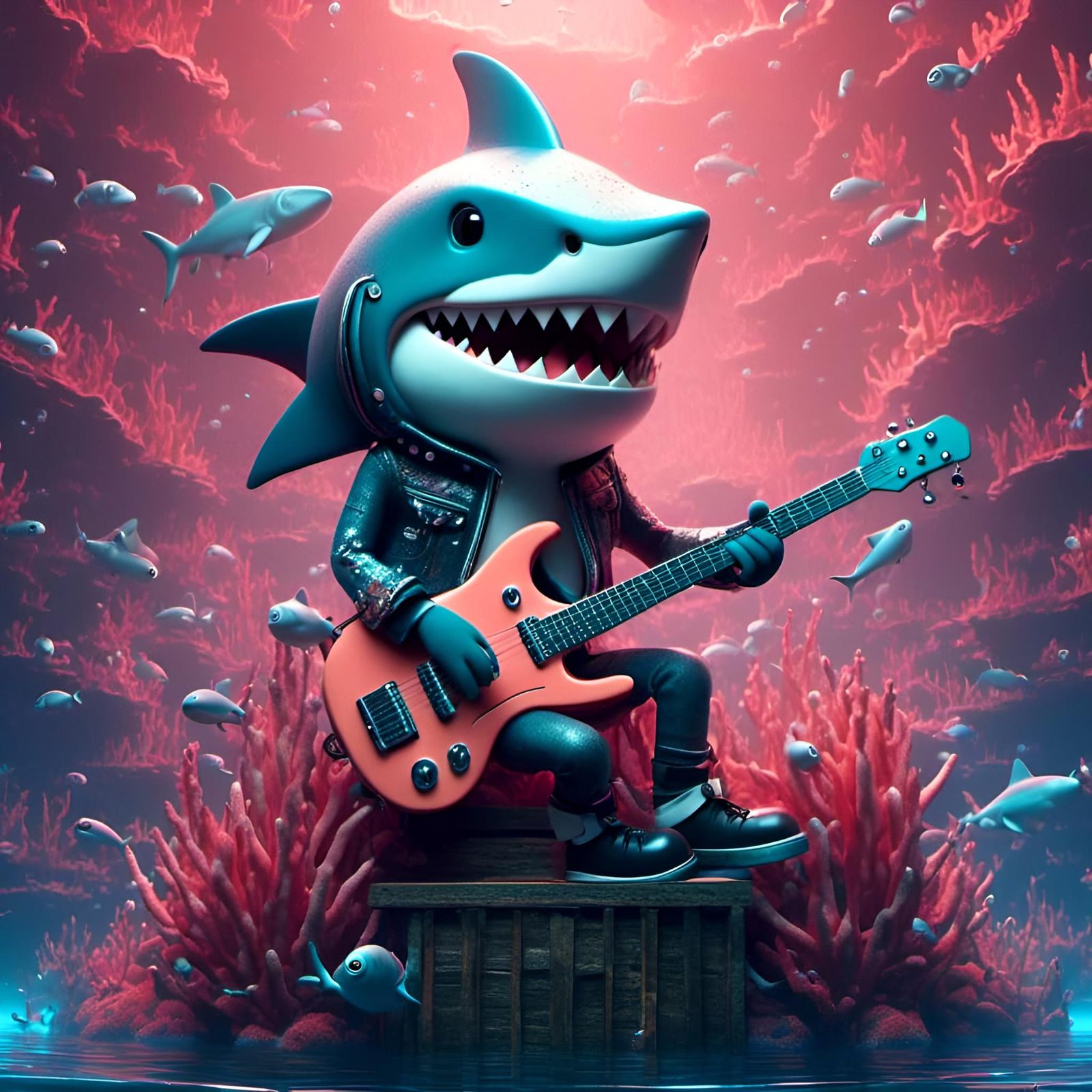 Shark Punk Rocker on Coral Stage in 3D