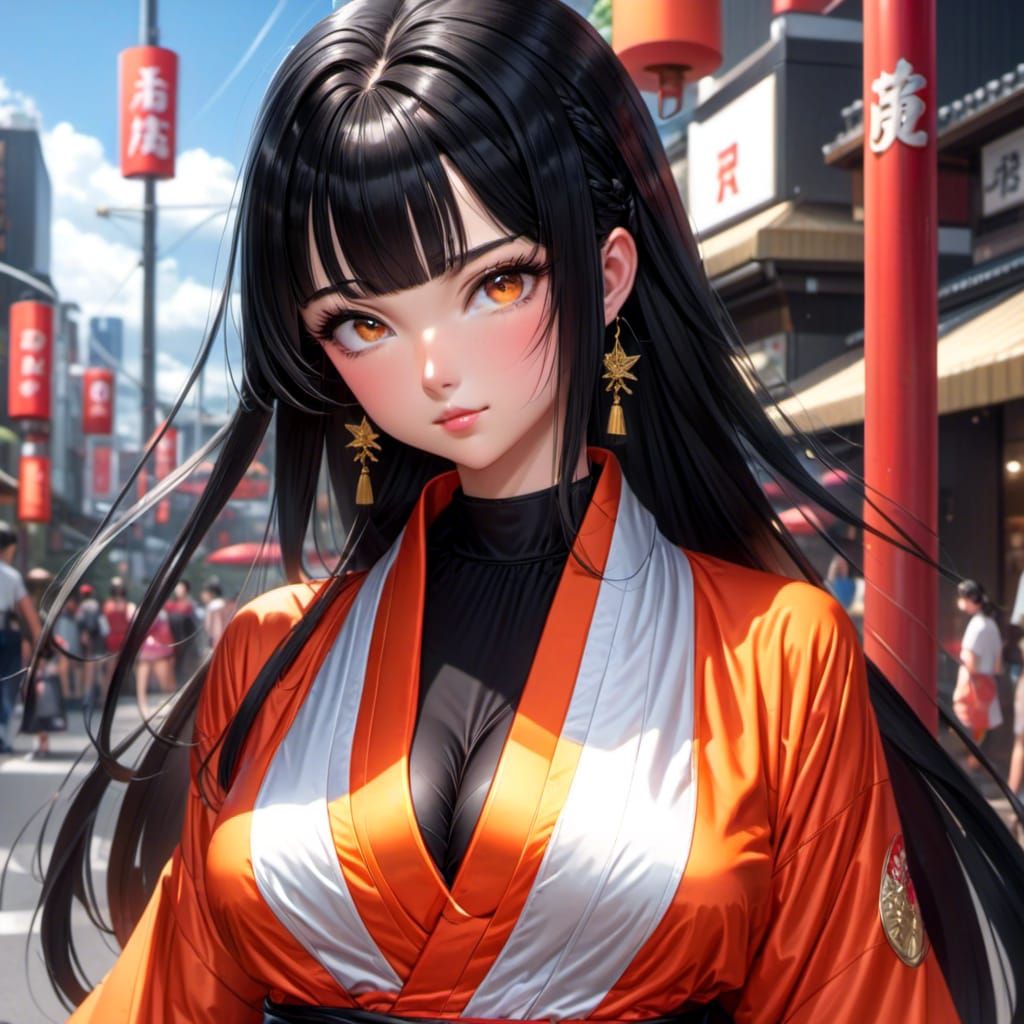 Woman in Robe Walking in Tokyo Street: Detailed Portrait