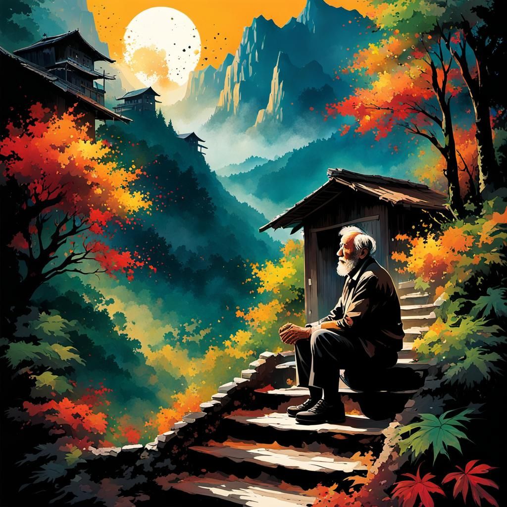 Ink Splatter Art: Old Man in Forest Village