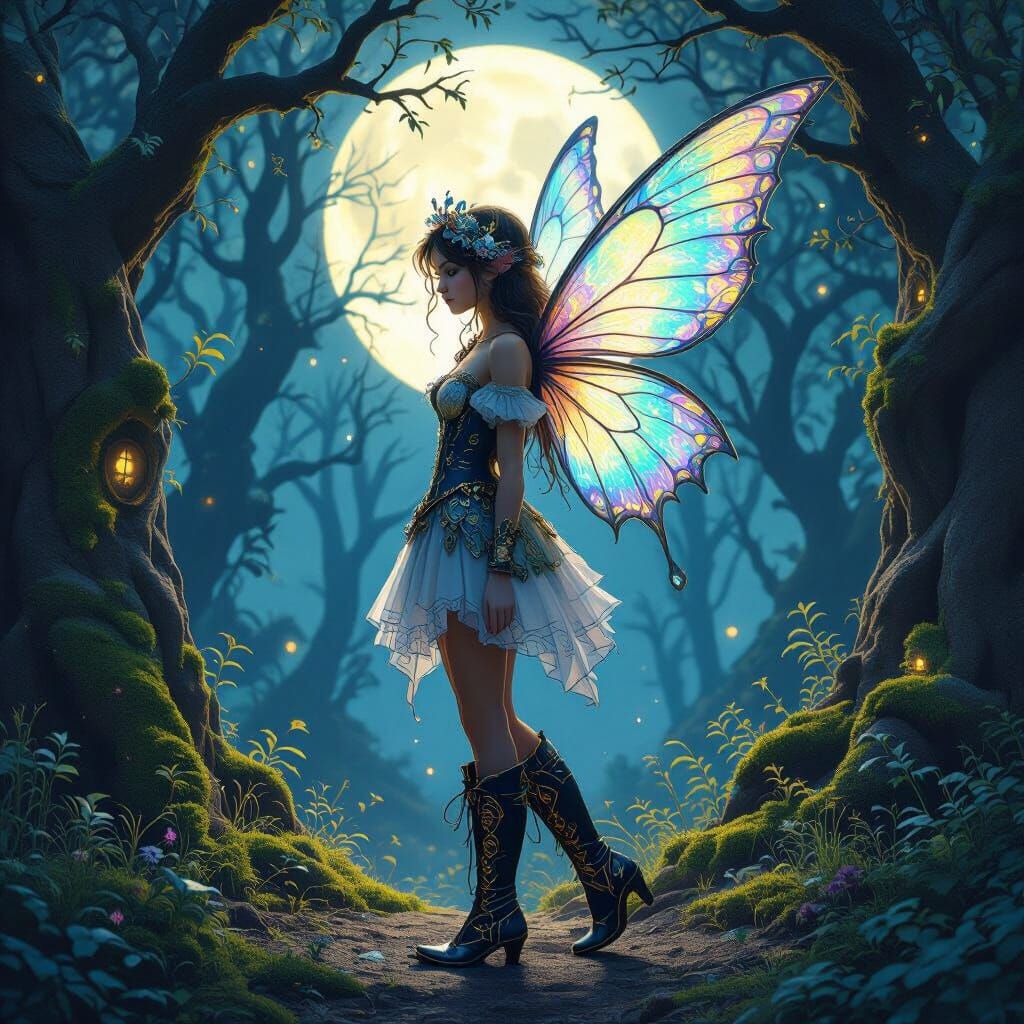 Whimsical Fairy in Moonlit Forest with Victorian Boot