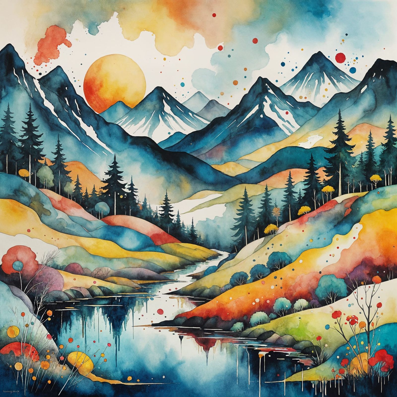 Vibrant Mountainscape in Kandinsky-Inspired Watercolor Style