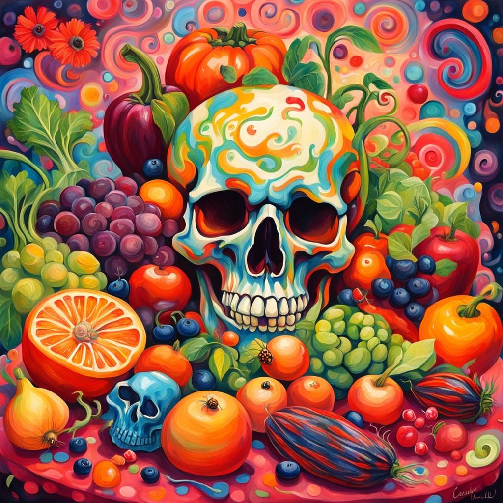 Vibrant Still Life with Skull, Fruit, and Insects