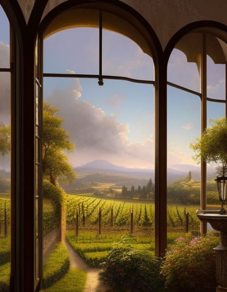 Wine Tasting with Vineyard View, Detailed Matte Painting