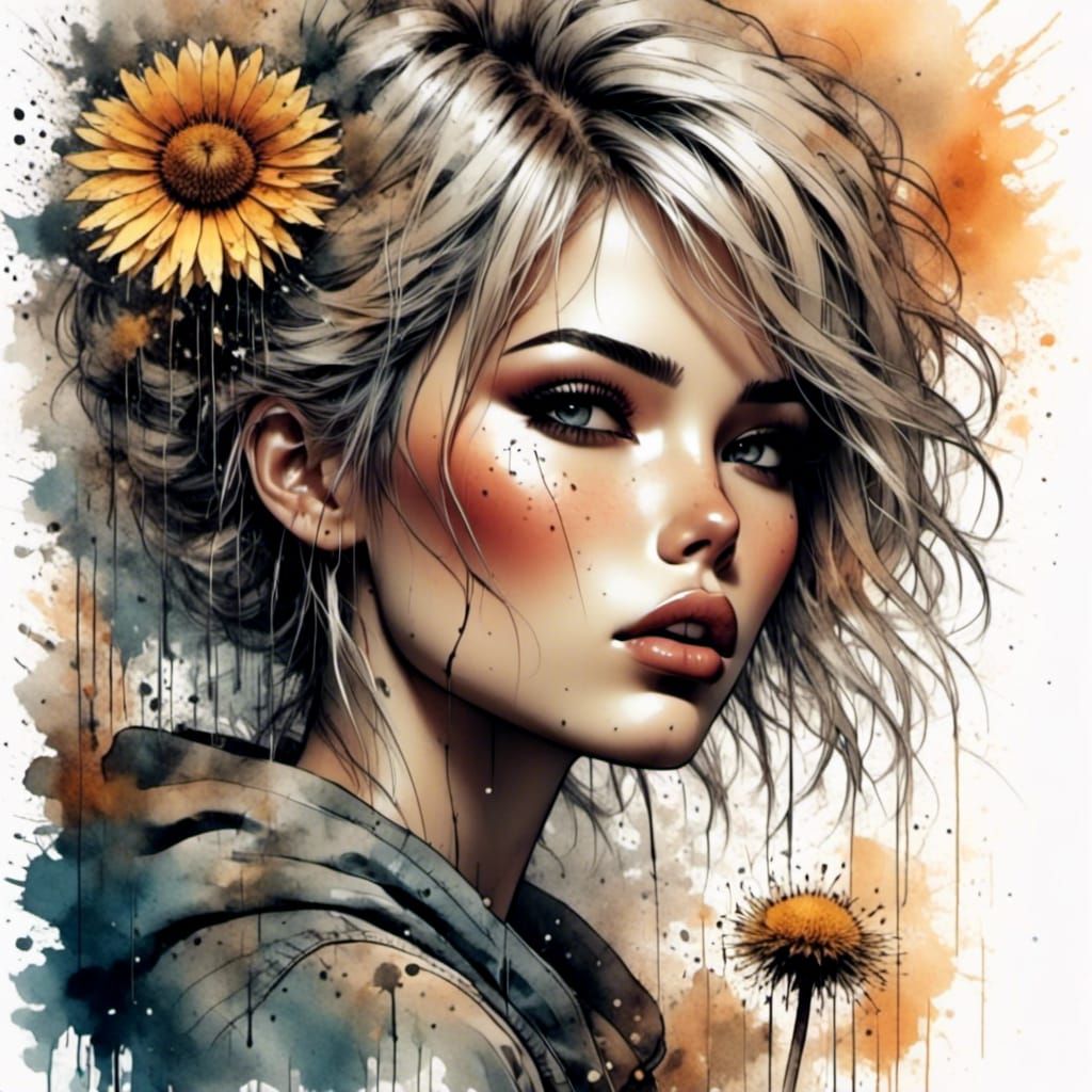 Dreamy Watercolor: Woman with Dandelion in Field