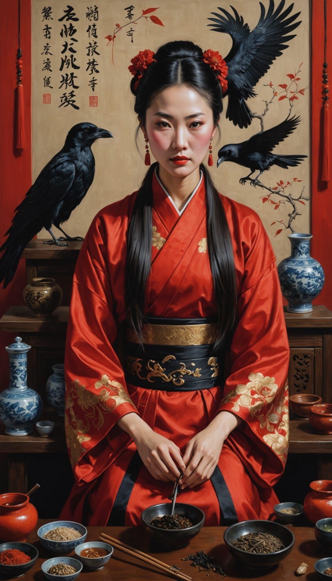 Ethereal Chinese Medicine Woman in Red Robes