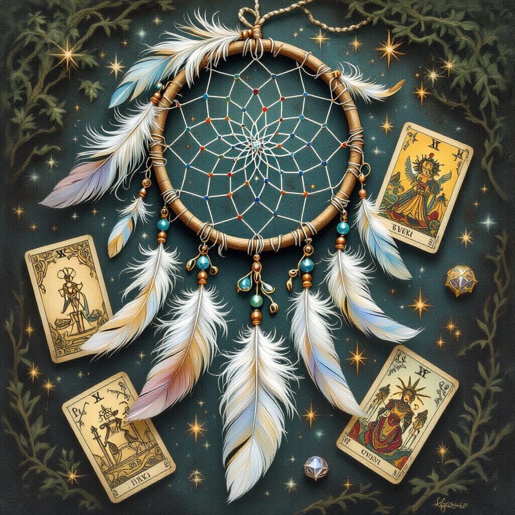 Ethereal Dreamcatcher with Tarot Cards in Fantasy Style