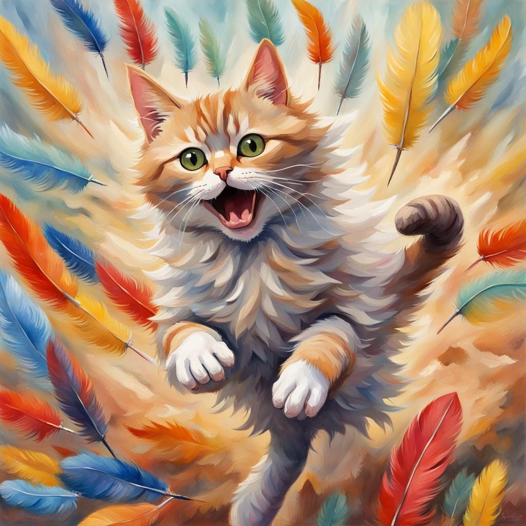 Humorous Cat Leaping for Feathers as Gouache Painting