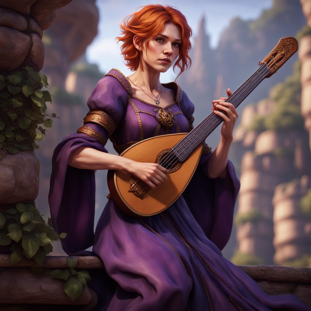 Fantasy Female Bard with Lute in Detailed Painting