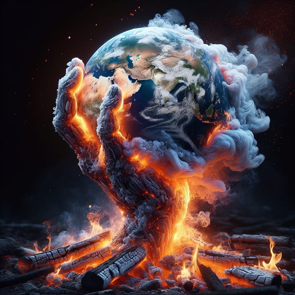 Fiery Hand Holds Earth Made of Smoke