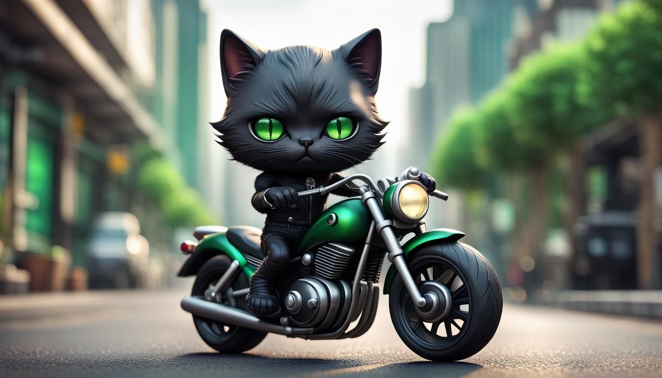 Chibi Black Cat on Motorbike: Hyperrealistic 8K