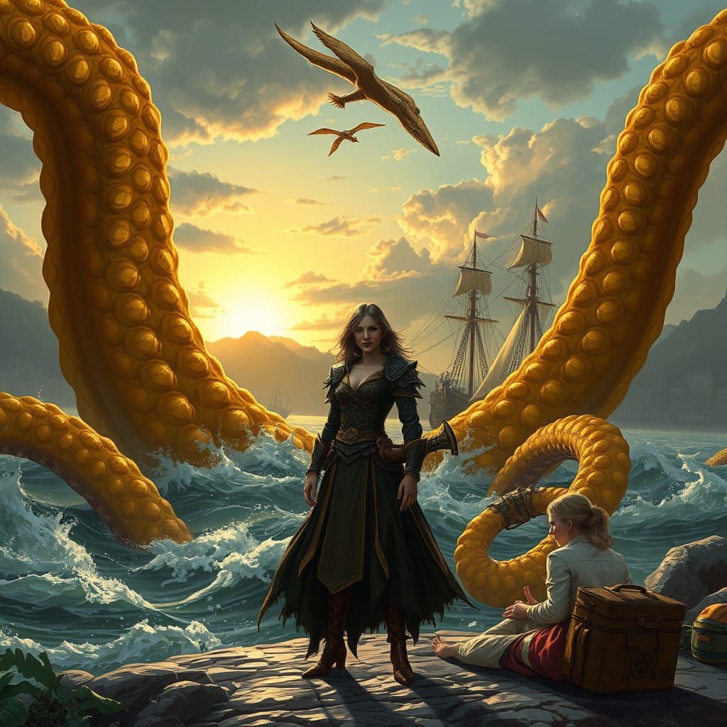 Majestic Golden Kraken Rises from the Niben River in Cyberpu...
