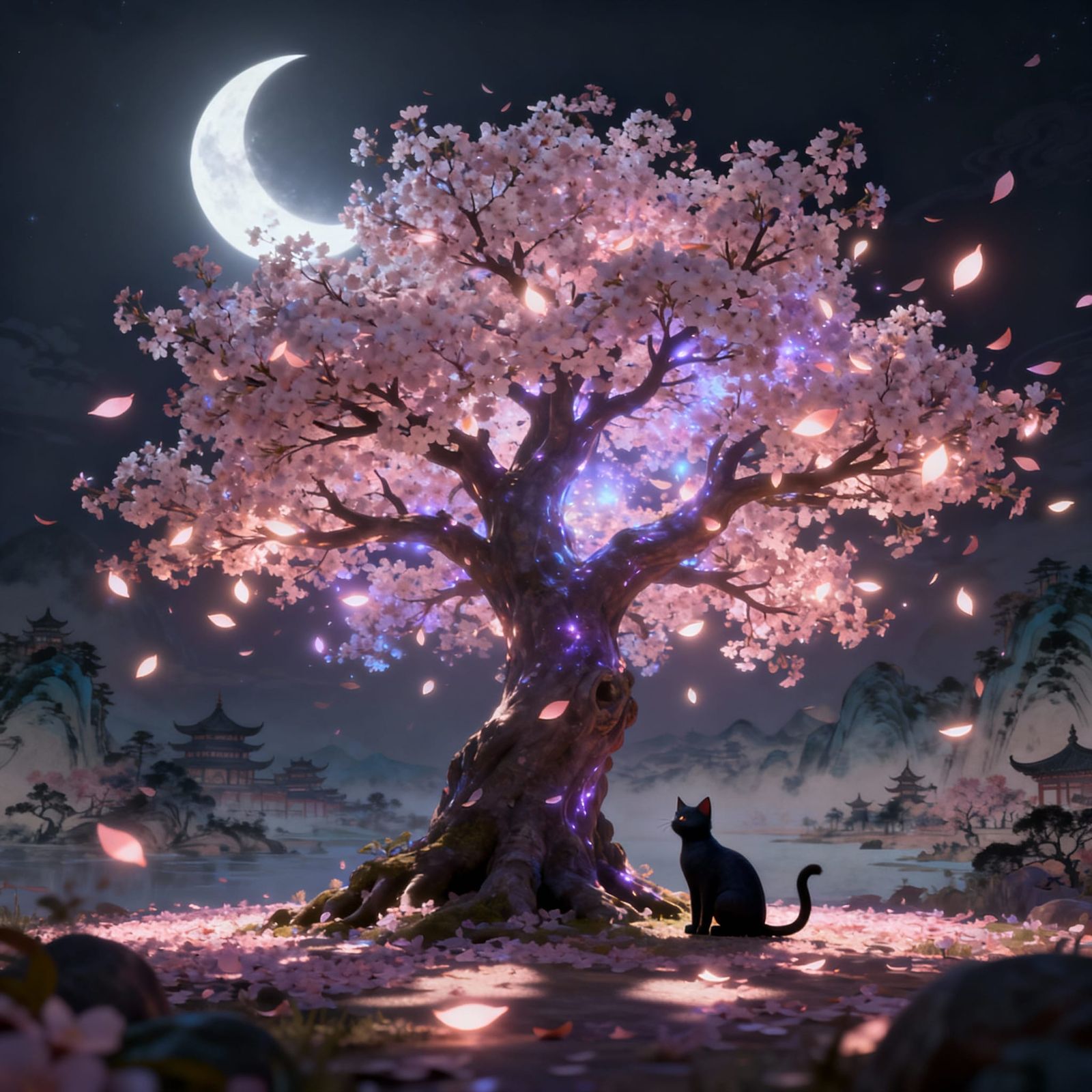 Magical Sakura Tree Under Crescent Moon with Dark Cat