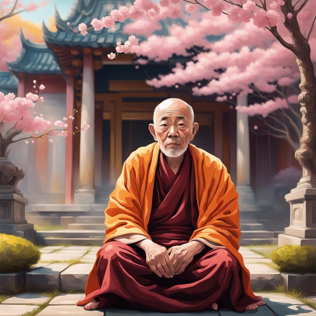 Monk Meditates in Temple Garden: Hyperrealistic Digital Art