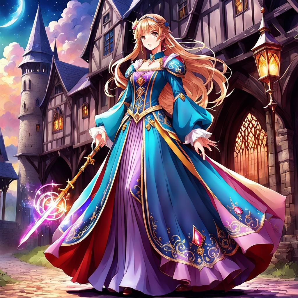 Magical Girl Casting Spell in Anime Style