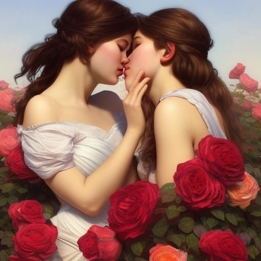 Romantic Kiss in Rose Garden, Art Nouveau Style
