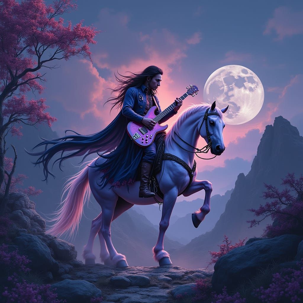 Majestic Guitar Player Rides Royal Horse Under Moonlit Sky