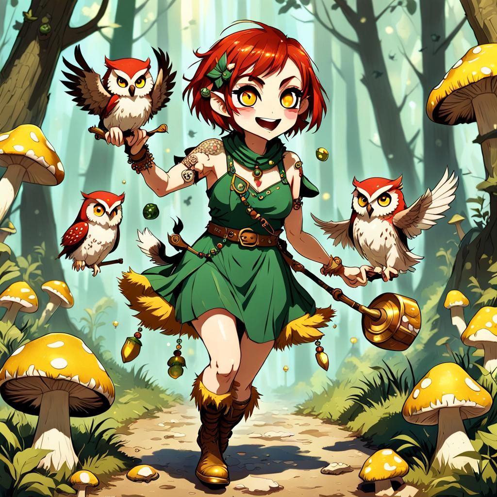 Anime Style Halfling Druid with Owls and Potions